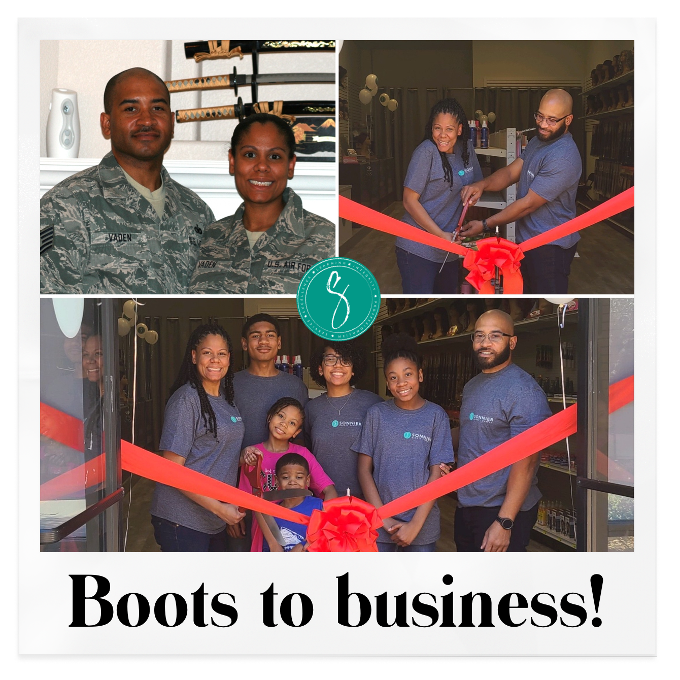 Husband-and-wife U.S. Air Force veterans cutting ribbon at Sonnier Beauty Supply; veteran-led Moreno Valley beauty supply