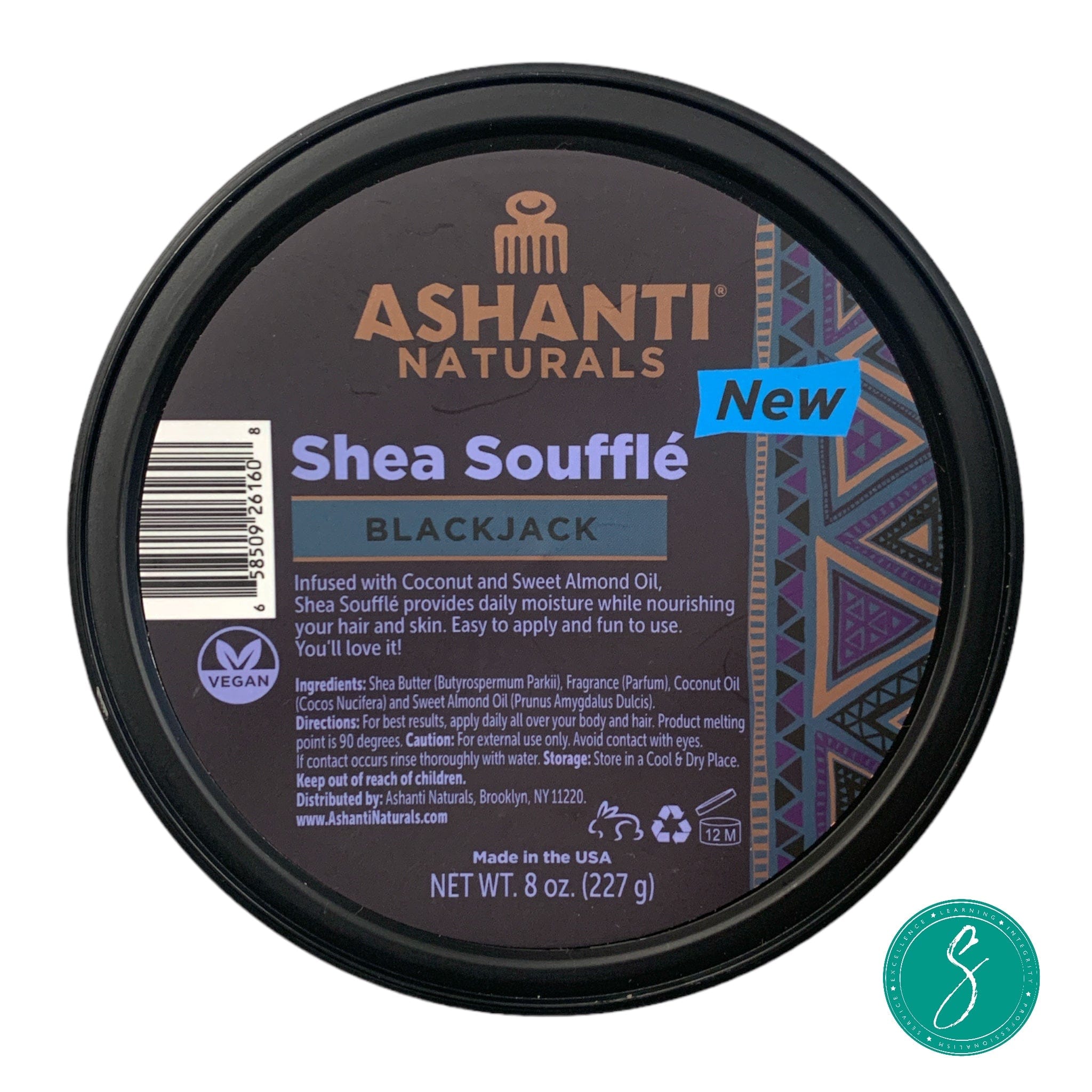 Jar of Ashanti Naturals Shea Soufflé Blackjack 8 oz whipped shea butter infused with coconut & sweet almond oil for men’s skin and hair