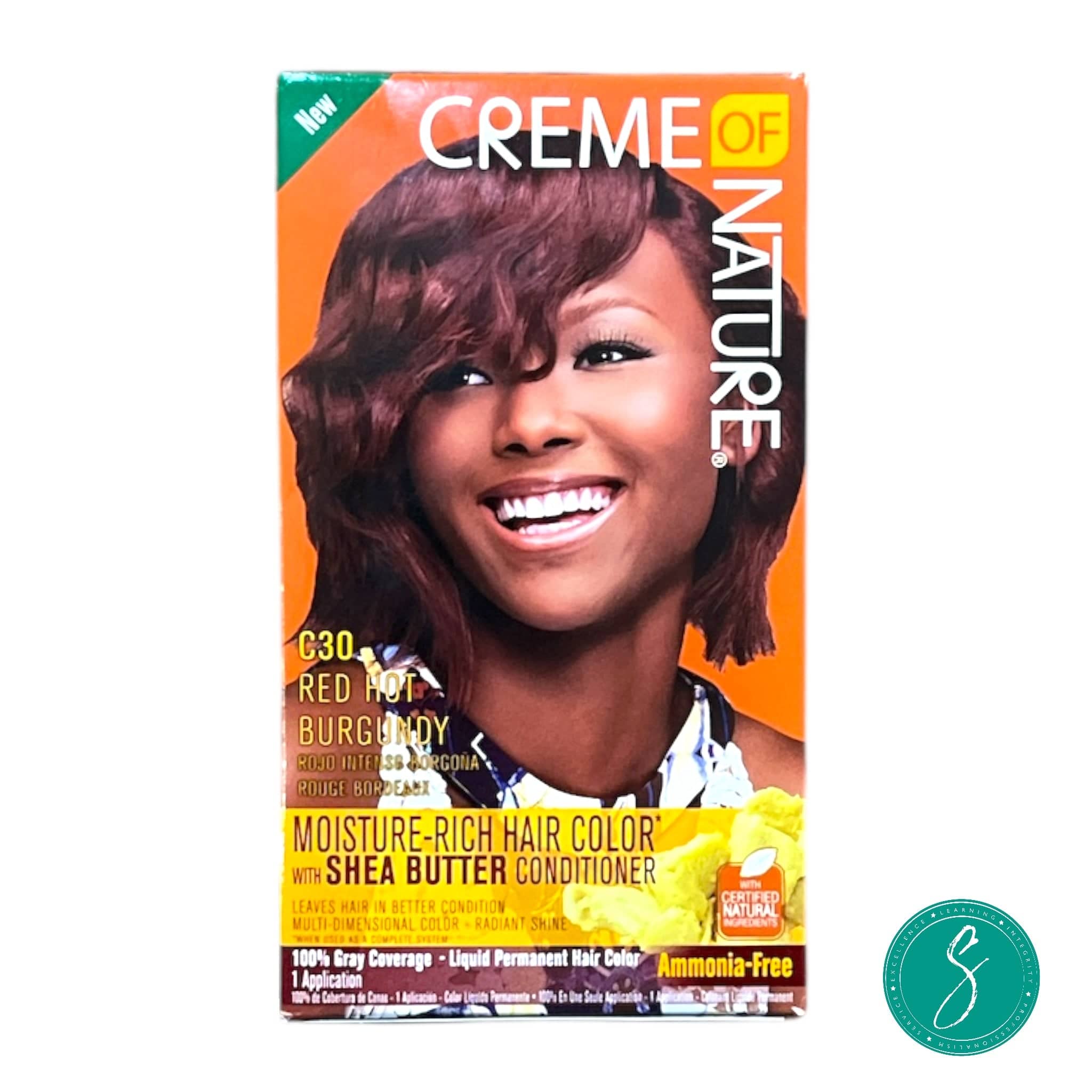 Creme of Nature hair color C30 packaging with a model on the front