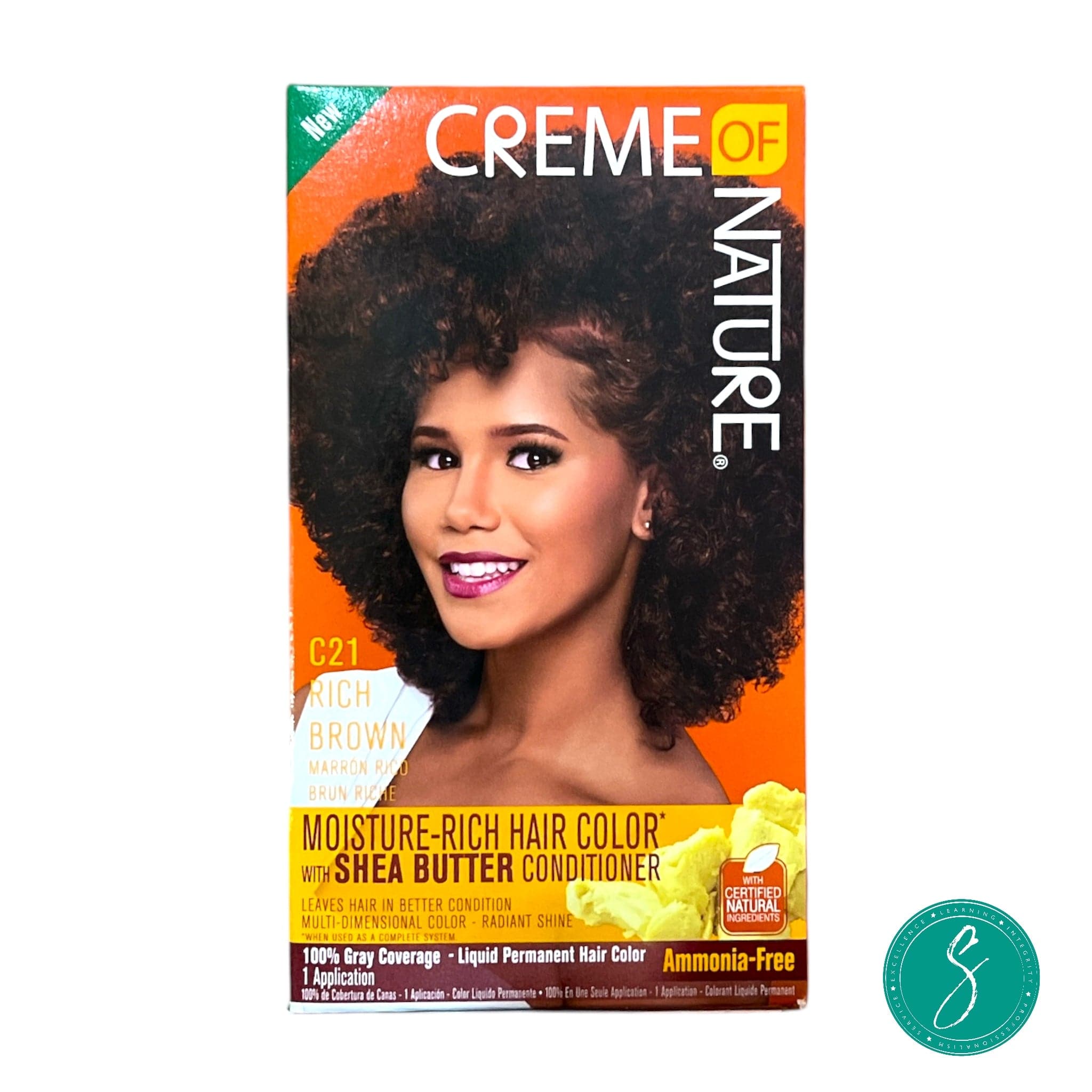 Creme of Nature hair C21 color box with a model on an orange background
