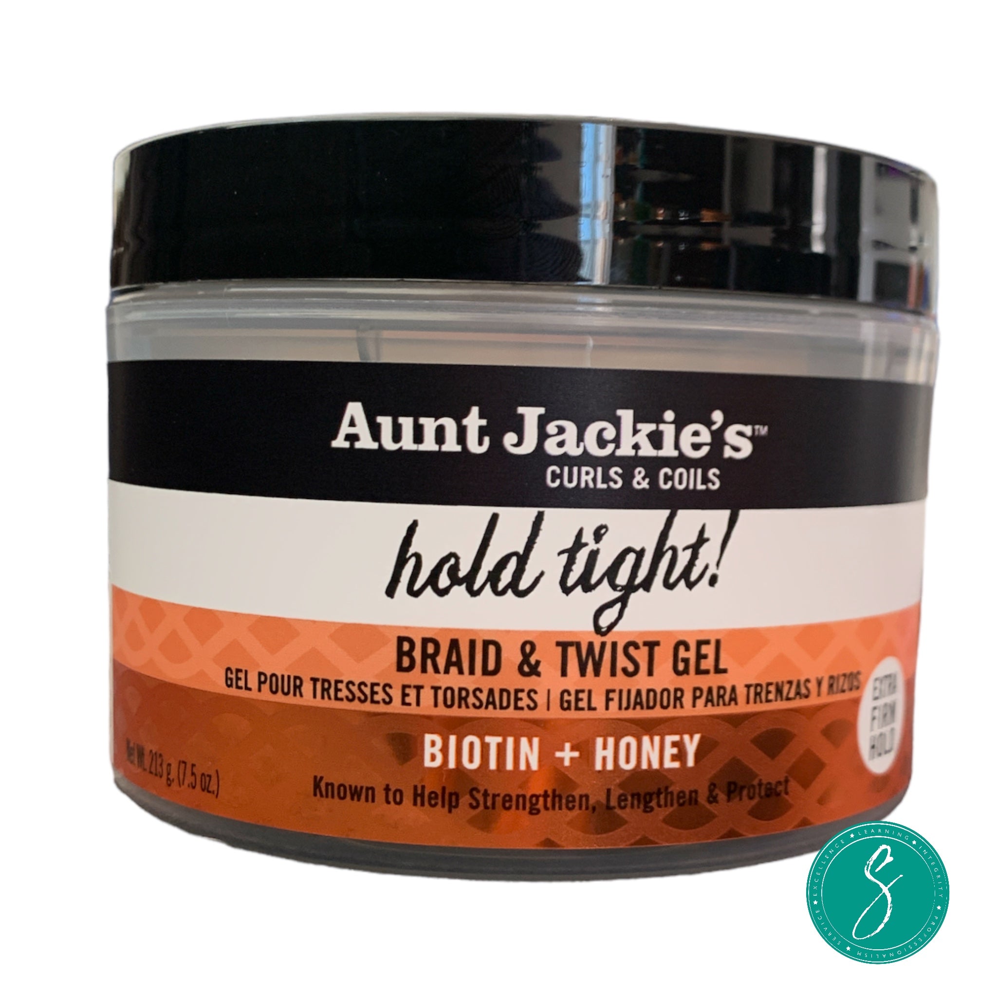 Jar of Aunt Jackie’s Hold Tight Braid & Twist Gel, a strong-hold styling gel designed to define and control braids, twists, and edges on textured hair.