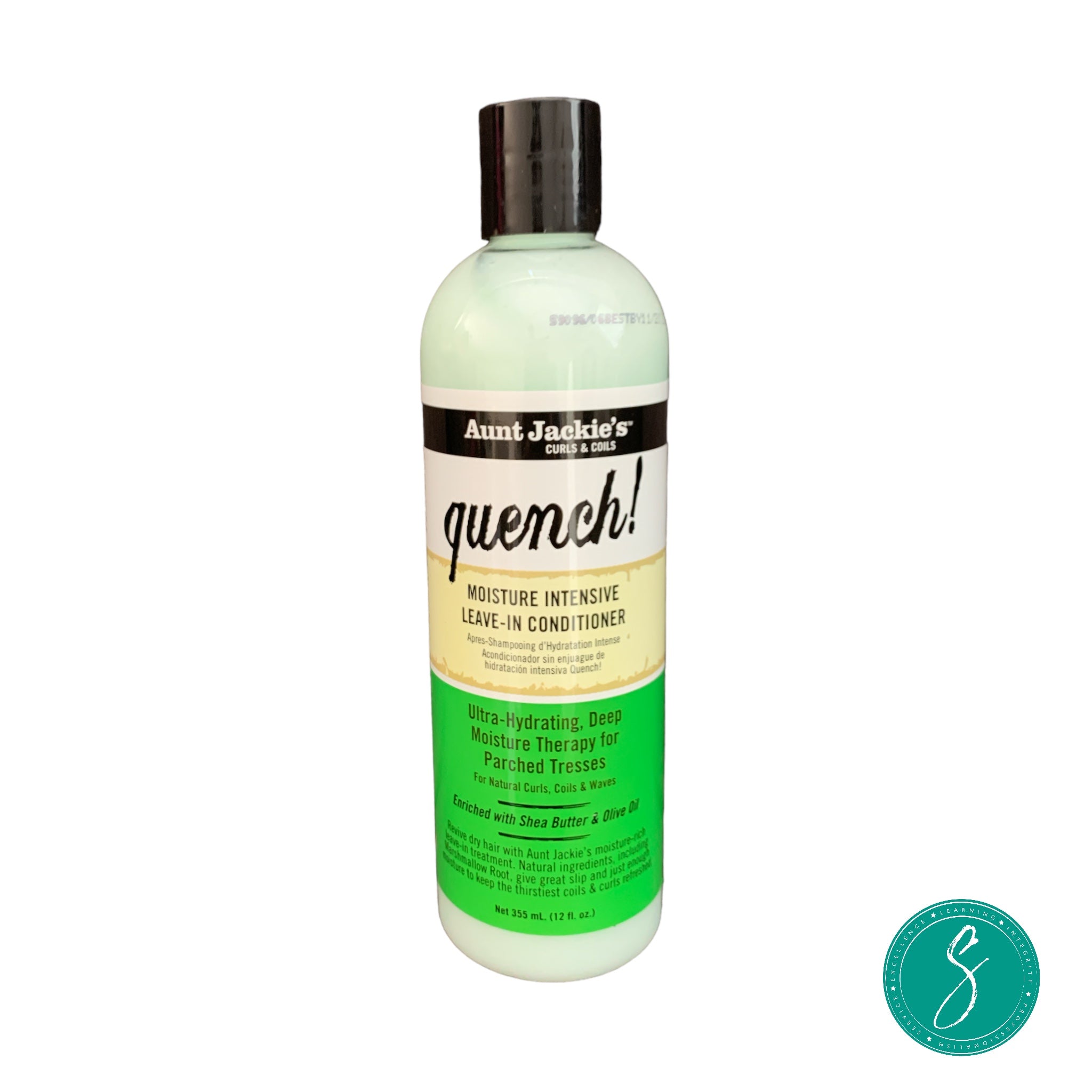 Bottle of Aunt Jackie’s Quench Moisture Intensive Leave-In Conditioner, formulated with shea butter and olive oil to hydrate and soften curly, coily hair.
