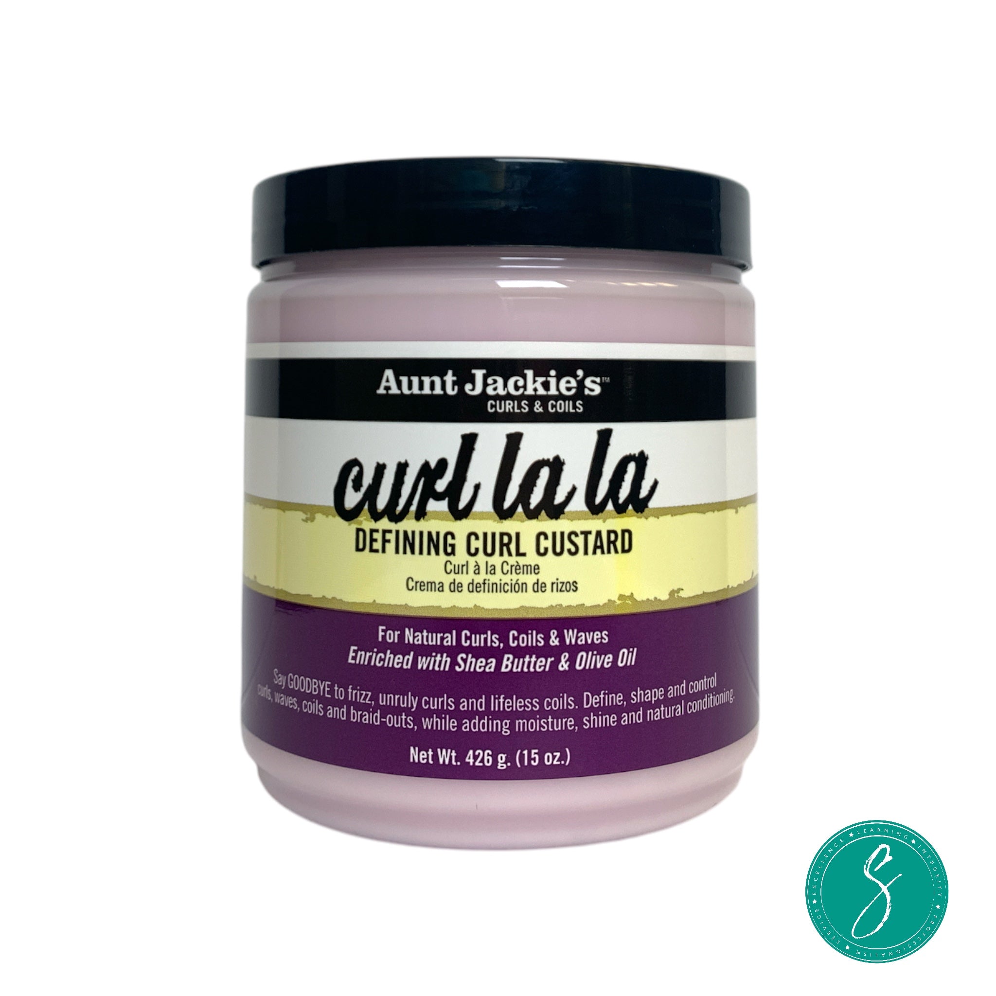 Jar of Aunt Jackie’s Curl La La Defining Curl Custard, formulated with shea butter and olive oil to enhance curl definition, reduce frizz, and add shine.