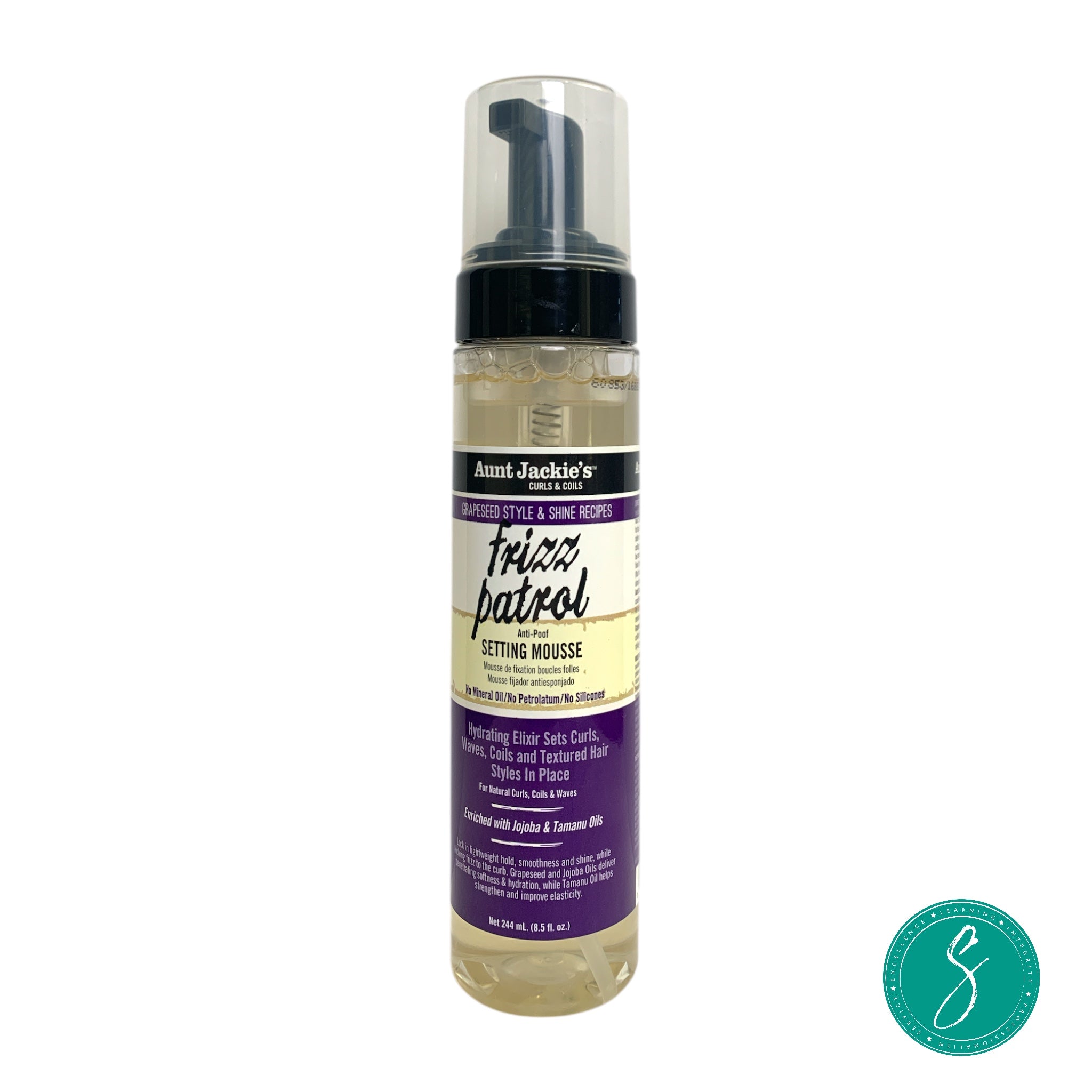 Bottle of Aunt Jackie’s Frizz Patrol Anti-Poof Setting Mousse, a lightweight styler that tames frizz, defines curls, and adds shine to natural textured hair.
