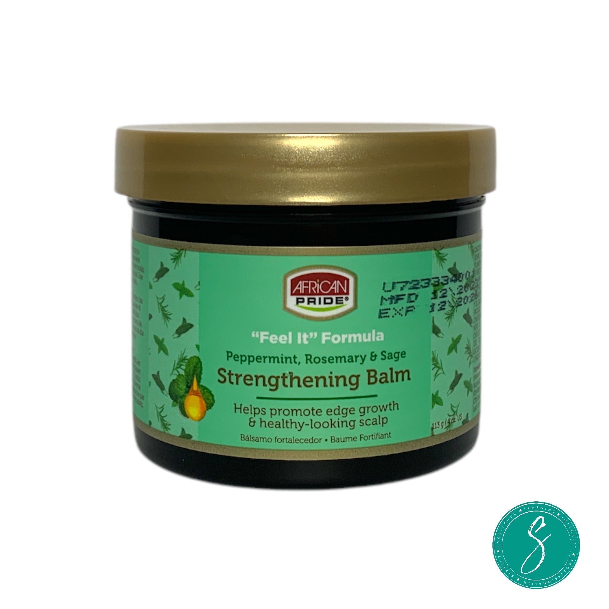 4‑oz jar of African Pride Feel It Formula Strengthening Balm infused with peppermint, rosemary and sage oils to stimulate scalp and strengthen edges