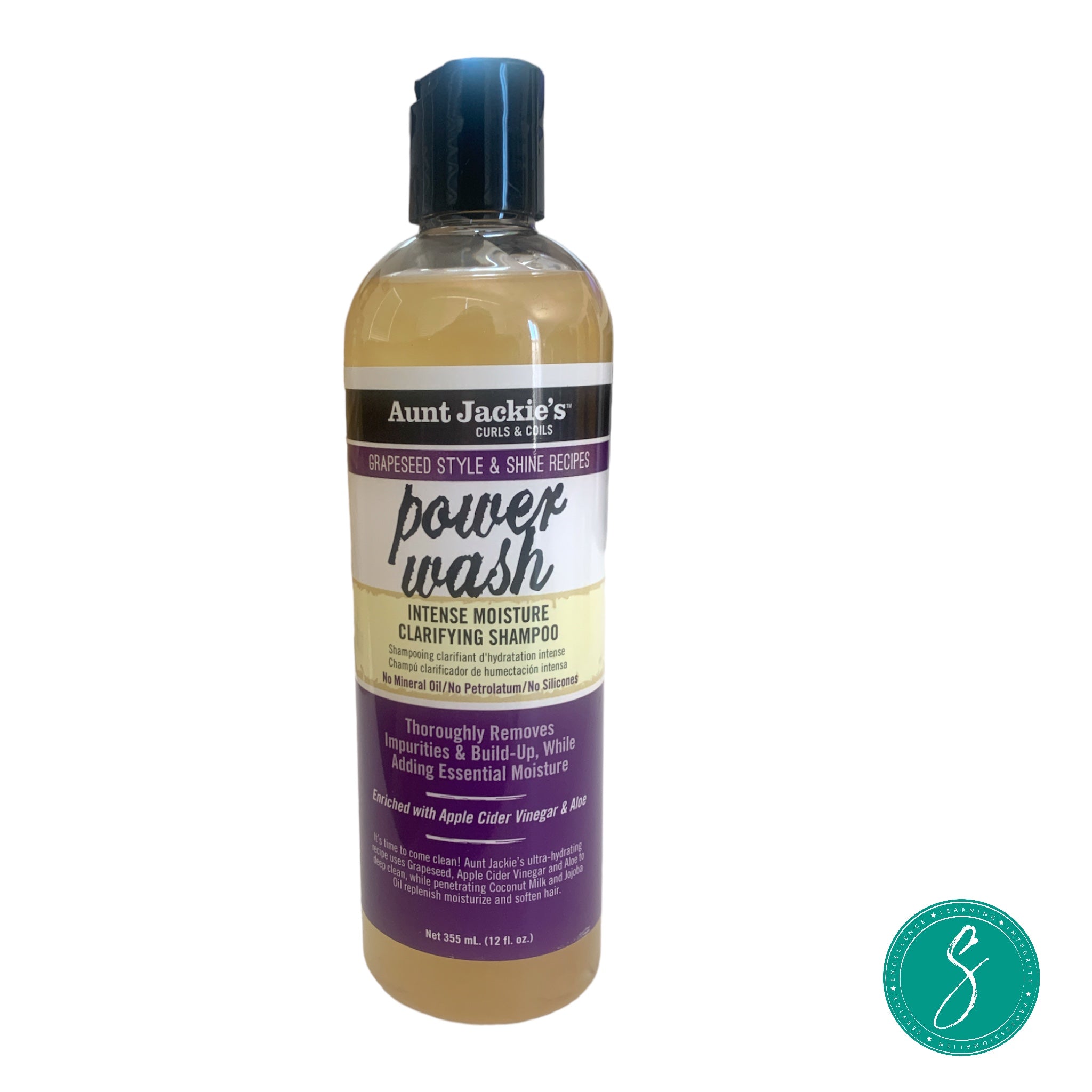Bottle of Aunt Jackie’s Power Wash Intense Moisture Clarifying Shampoo, designed to detox hair and scalp while maintaining moisture in curly and coily textures.
