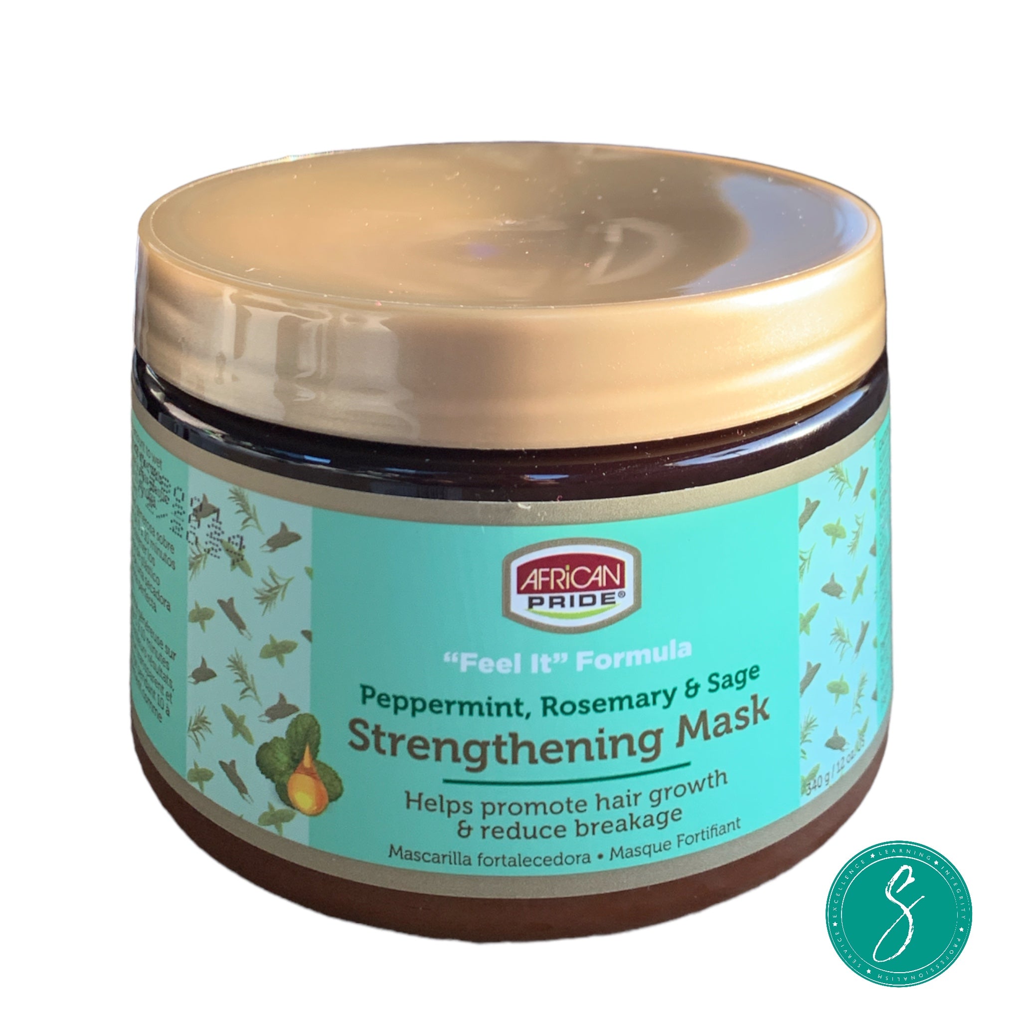 Jar of African Pride Feel It Formula Hair Mask containing peppermint, rosemary, and sage oils for deep conditioning and repair of textured, natural hair.