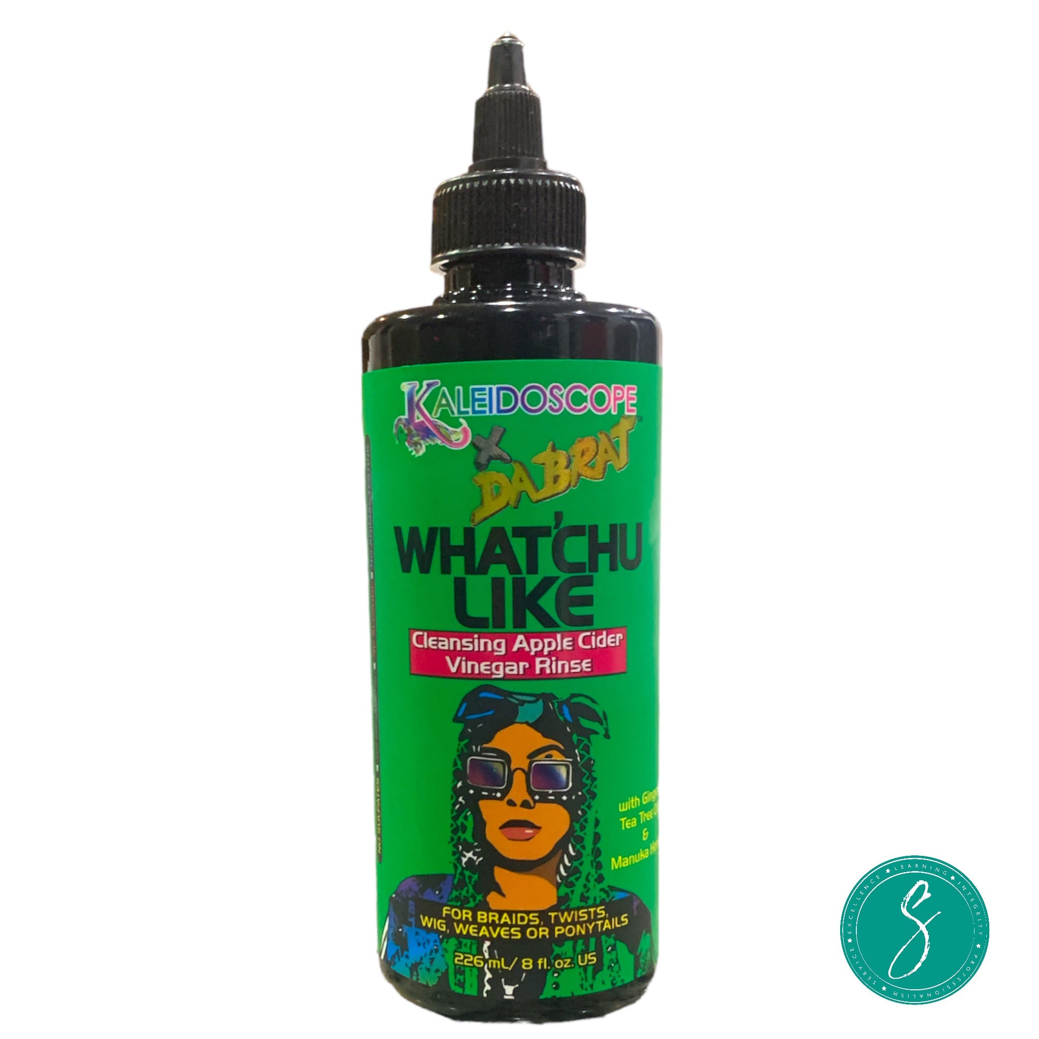 Bottle of Da Brat Whatchu Vinegar Rinse, an apple cider vinegar-based hair treatment that clarifies the scalp, removes buildup, and enhances shine for natural hair.