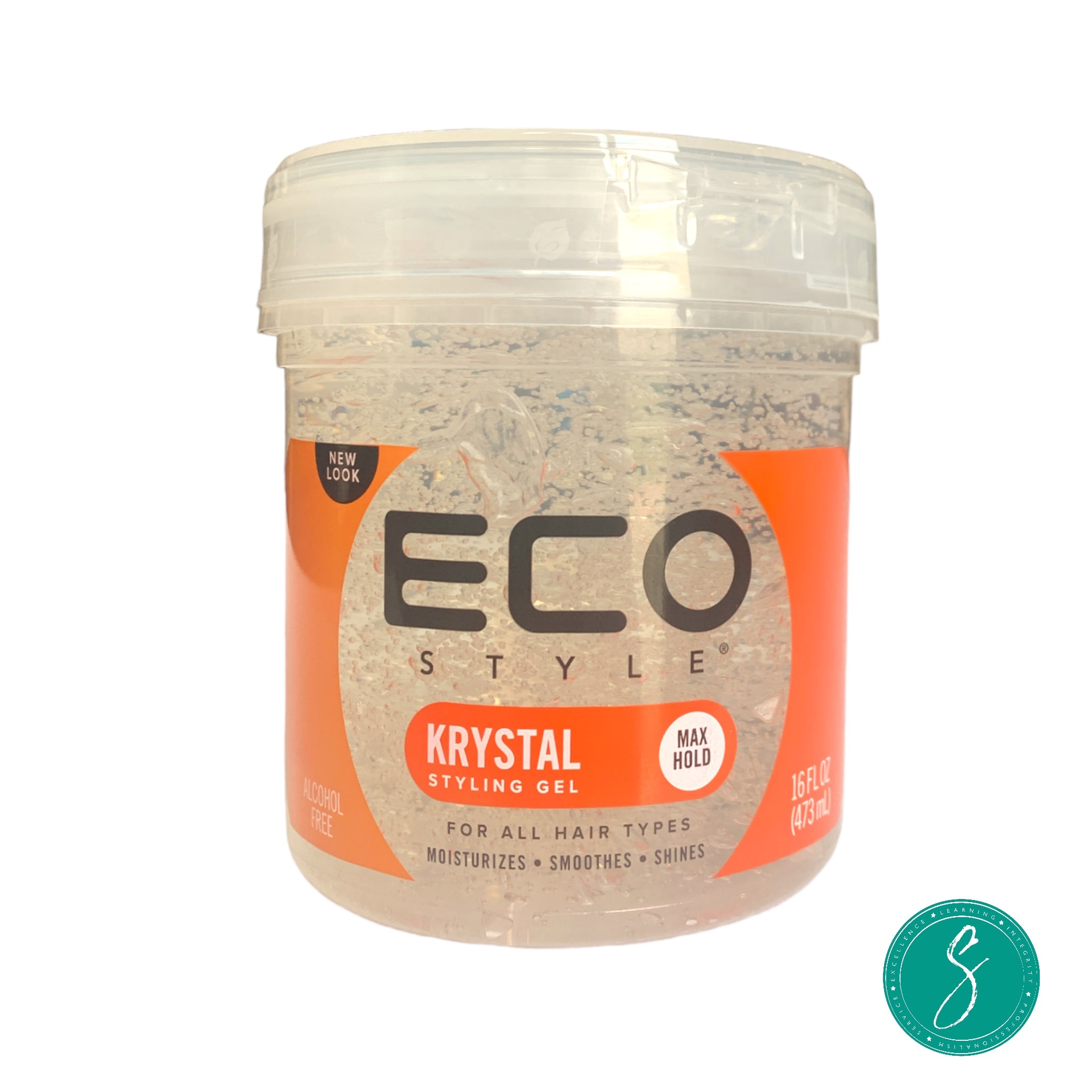 Jar of Eco Styler Krystal Styling Gel, a clear, alcohol-free gel that offers maximum hold and shine for natural, curly, and textured hair styles.