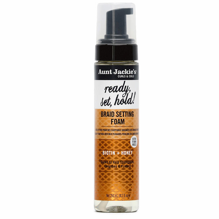 Bottle of Aunt Jackie’s Ready Set Hold Gel, a humidity-resistant styling gel that provides firm hold, long-lasting definition, and shine for natural hair.