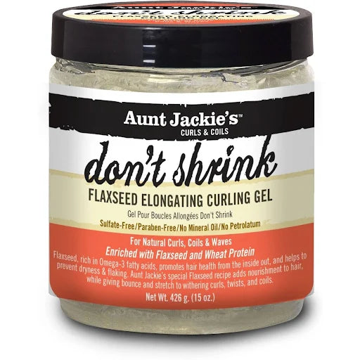 Jar of Aunt Jackie’s Flaxseed Recipes Curl Mane-tenance Defining Curl Whip Gel, made with flaxseed and wheat protein for moisture, definition, and hold.