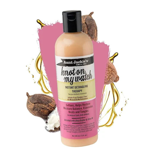 Bottle of Aunt Jackie’s Knot On My Watch Instant Detangling Therapy with shea butter and olive oil to ease knots, moisturize, and soften textured hair.