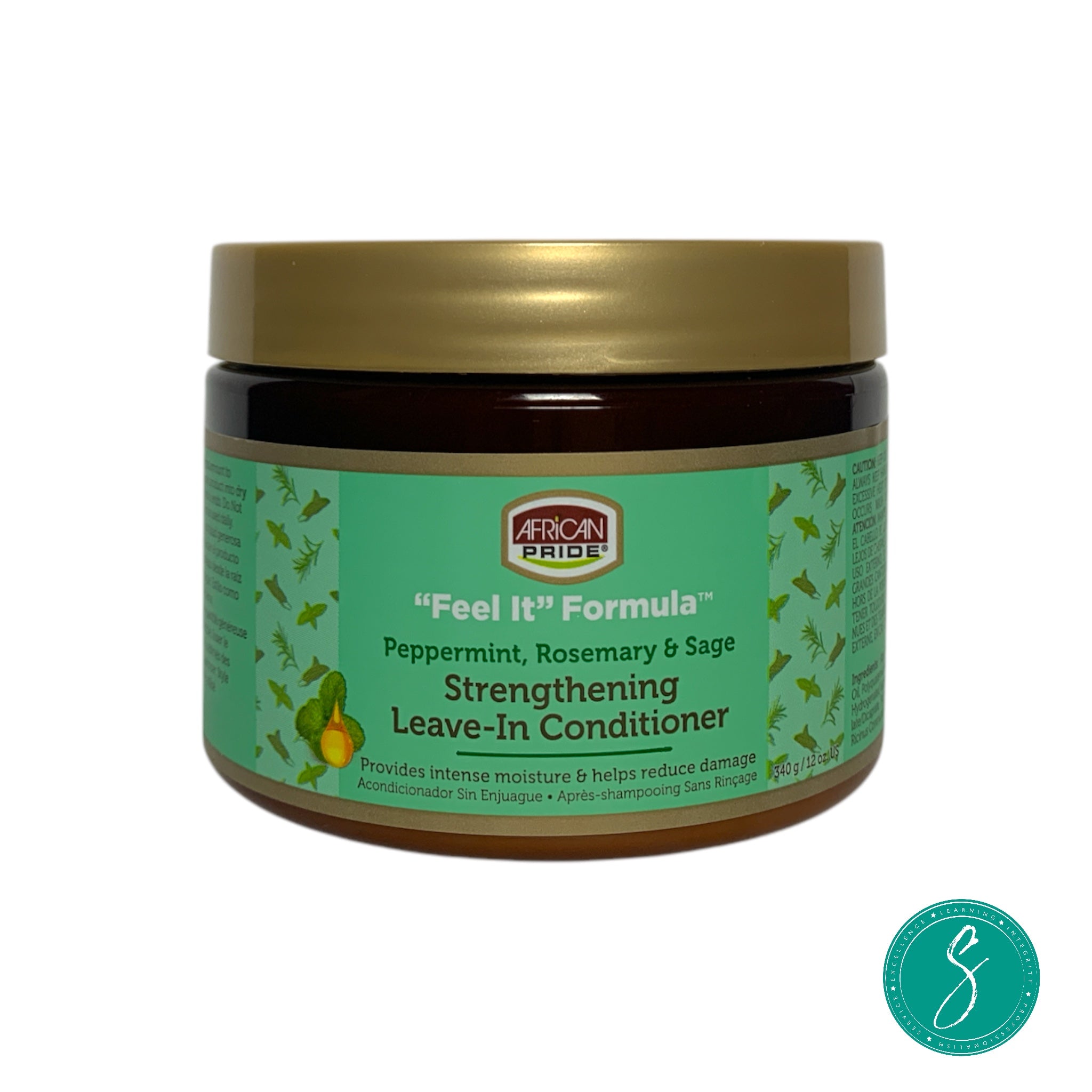 Bottle of African Pride Feel It Formula Strengthening Leave-in Conditioner enriched with peppermint, rosemary, and sage oils to hydrate and strengthen hair.