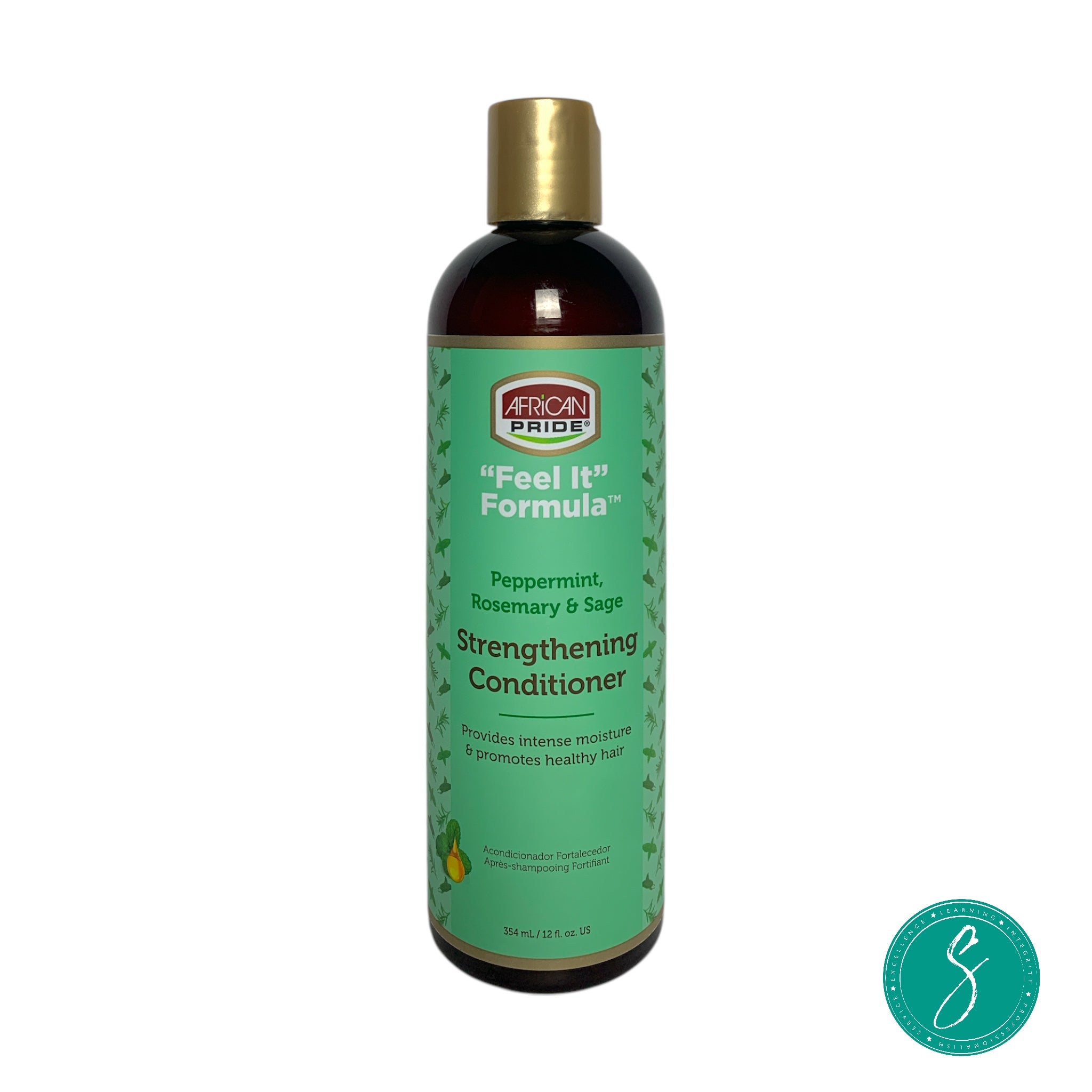 Bottle of African Pride Feel It Formula Strengthening Conditioner infused with peppermint, rosemary and sage oils for moisturizing natural hair care. 