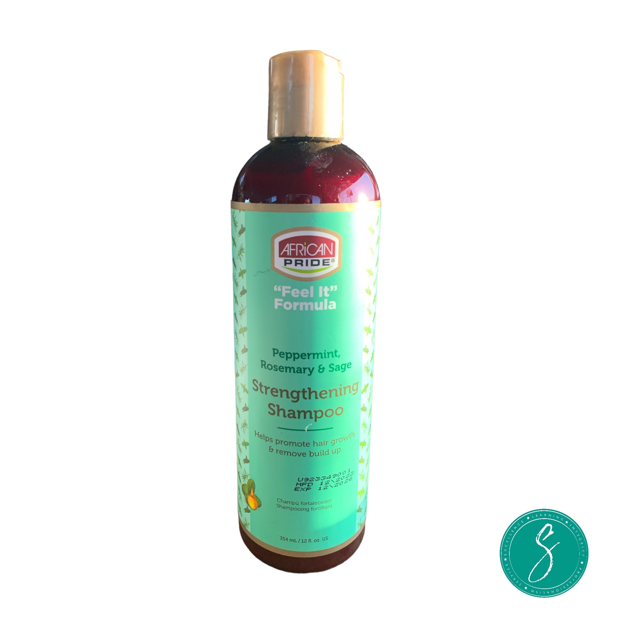 Bottle of African Pride Feel It Formula Shampoo enriched with peppermint, rosemary, and sage oils, designed to cleanse and strengthen natural hair.