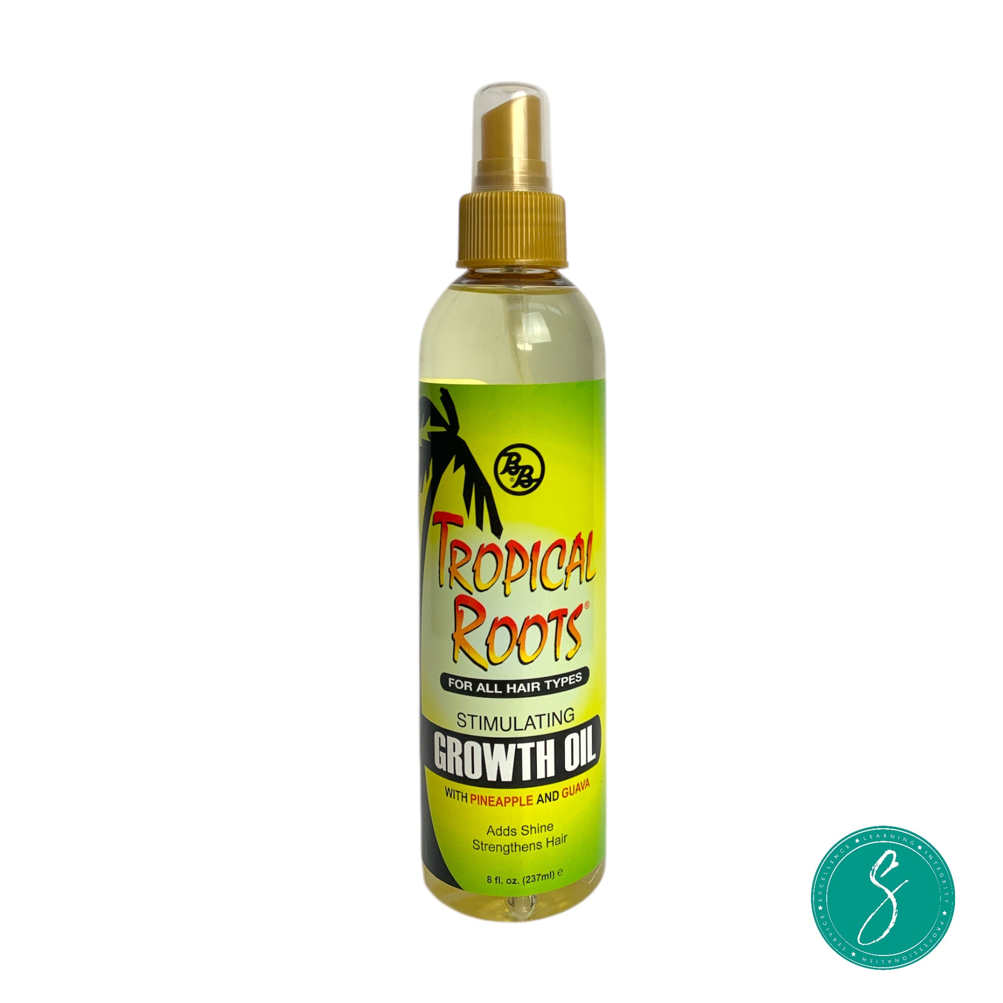Bottle of Tropical Roots Stimulating Growth Oil, infused with natural ingredients to promote hair growth, nourish the scalp, and strengthen textured hair.