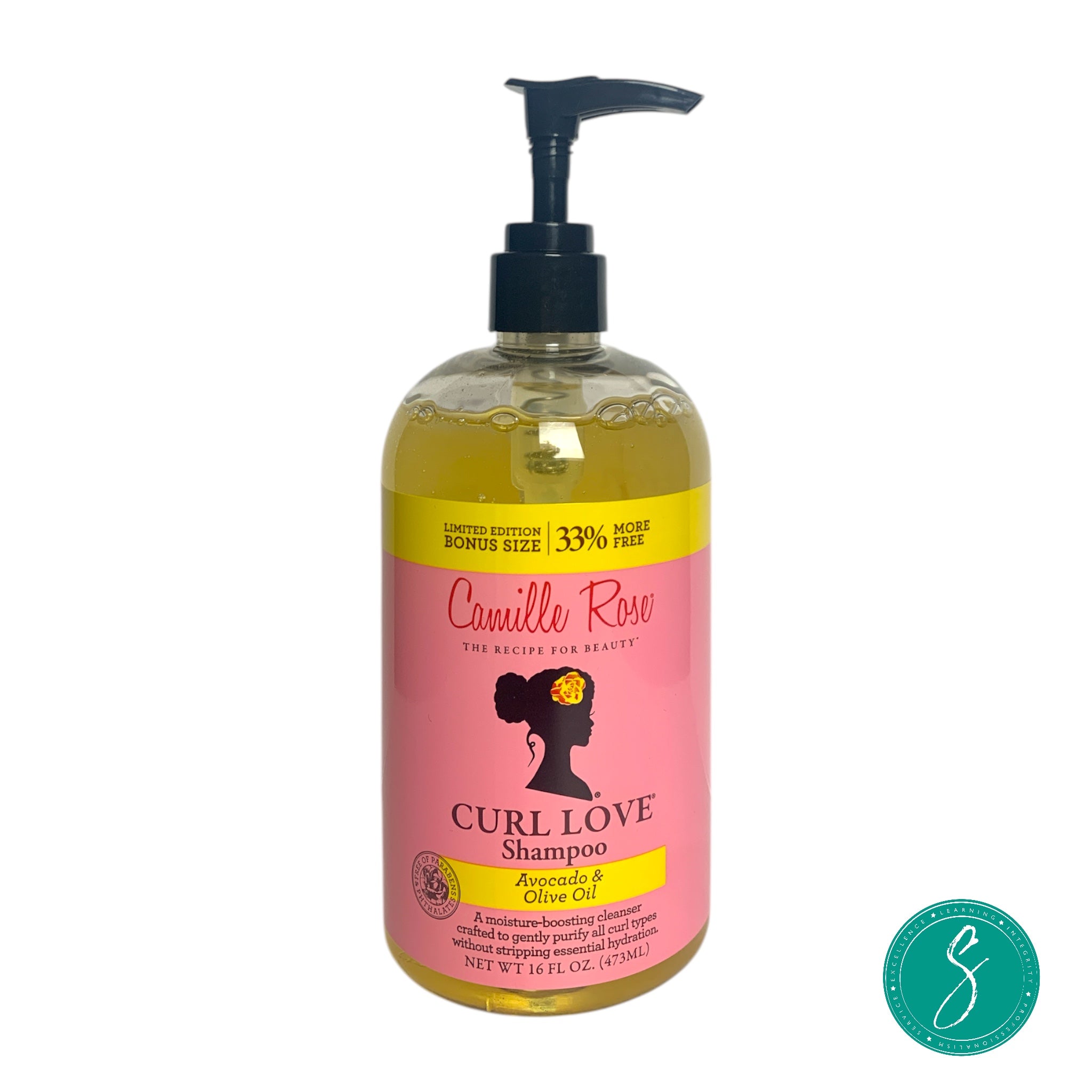 Bottle of Camille Rose Curl Love Moisture Milk Shampoo, formulated with rice milk and macadamia oil to cleanse, moisturize, and soften curly and coily hair.