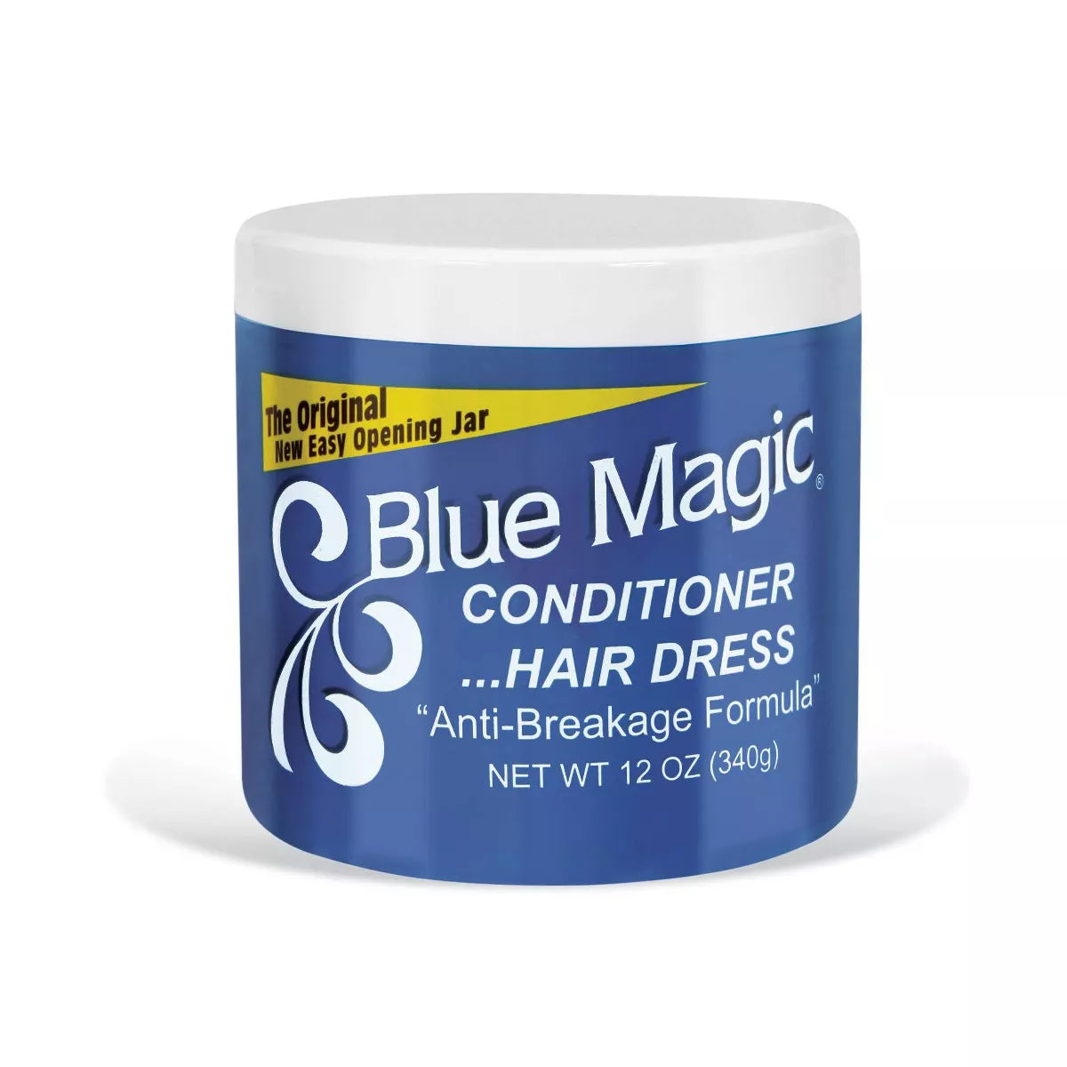 Jar of Blue Magic Conditioner Hair Dress (Blue), a moisturizing hair and scalp conditioner that softens, adds shine, and helps prevent dryness in textured hair.
