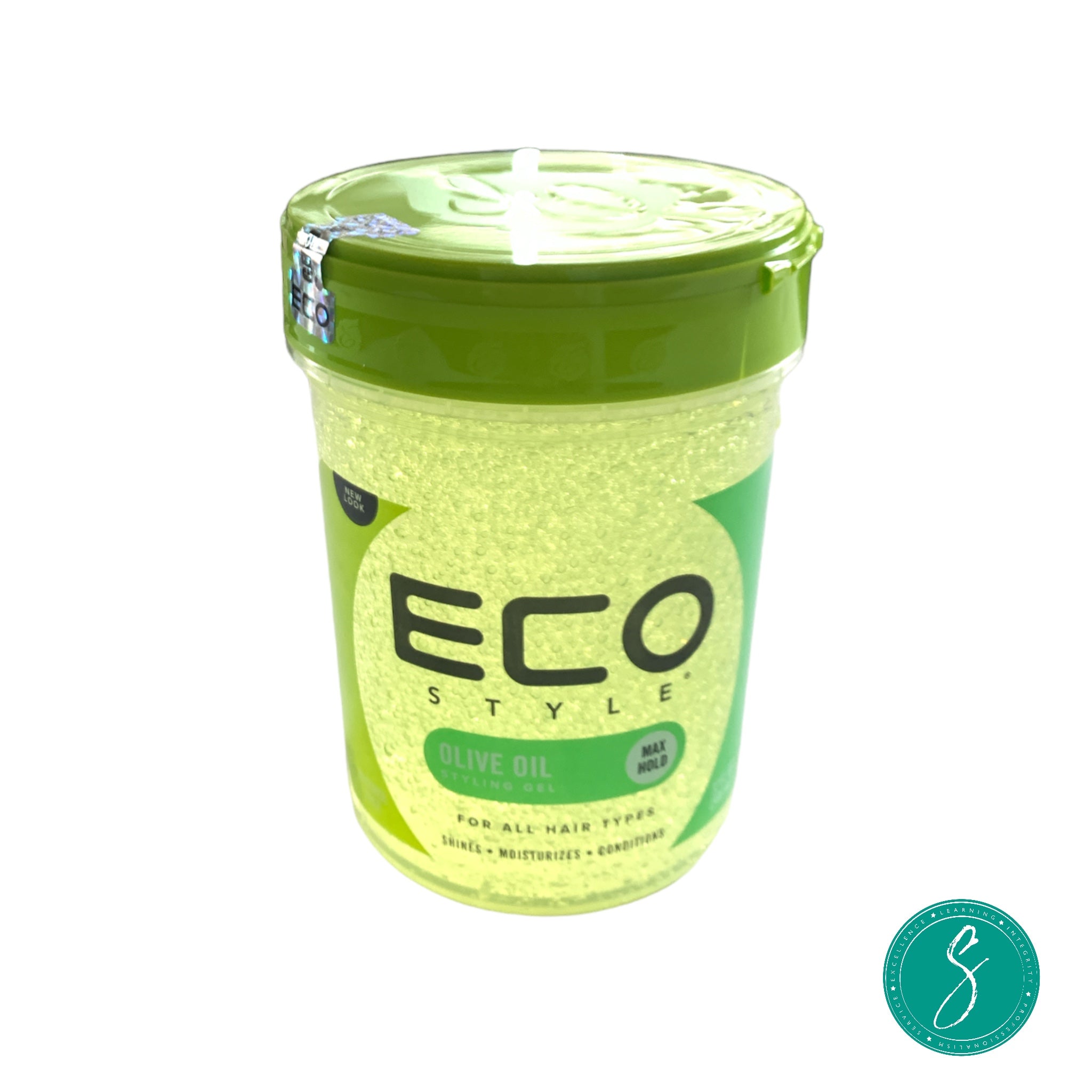 Jar of Eco Styler Olive Oil Styling Gel, infused with 100% pure olive oil to deliver moisture, firm hold, and shine for natural, curly, and textured hair.